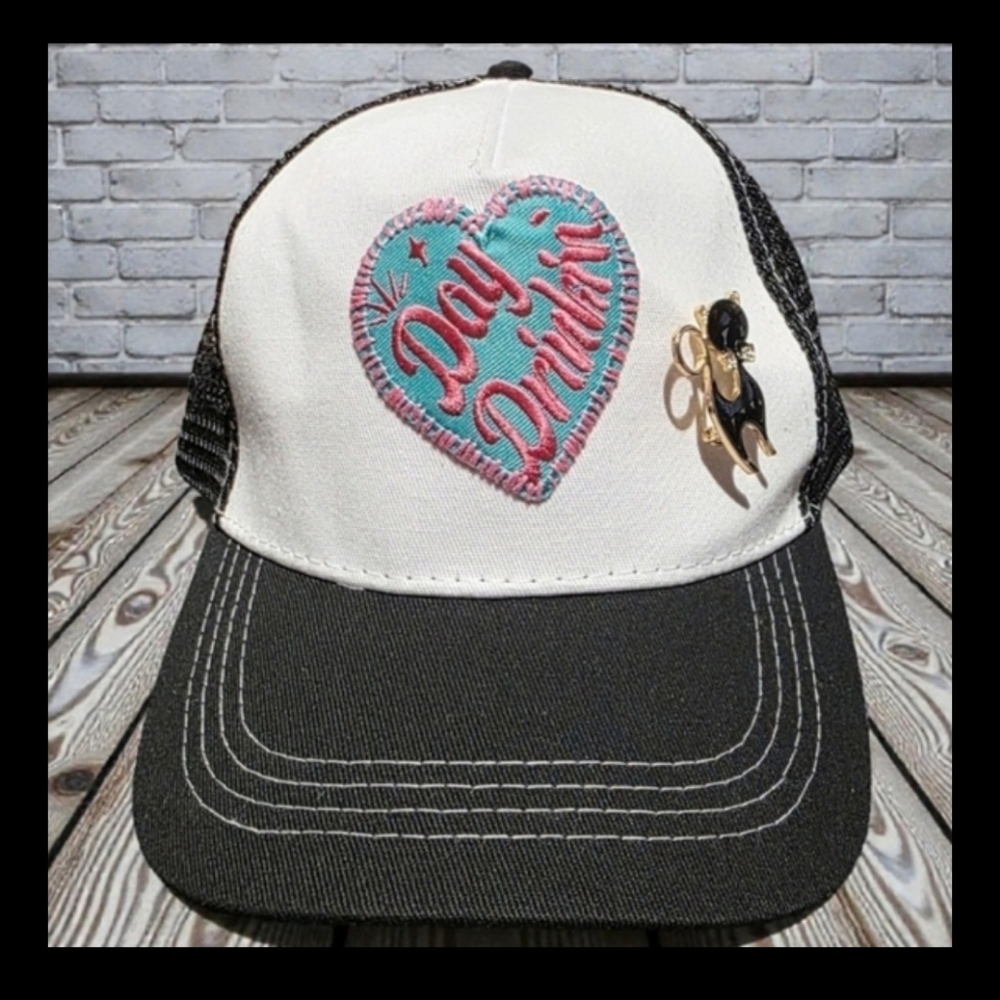 Upcycled Women's Trucker Hat Black And White With Cat Brooch